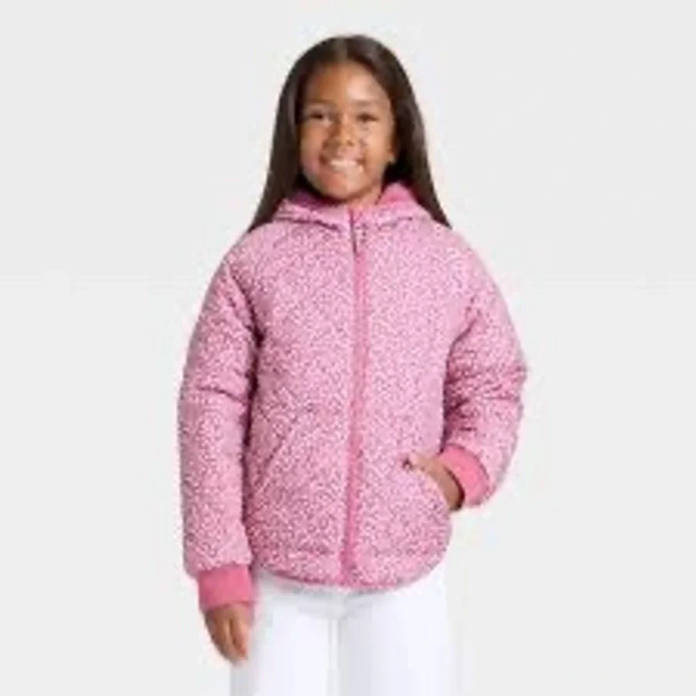 Cat & Jack Girls Reversible Floral Puffer Jacket Pink Faux Fur Hooded Coat M 8